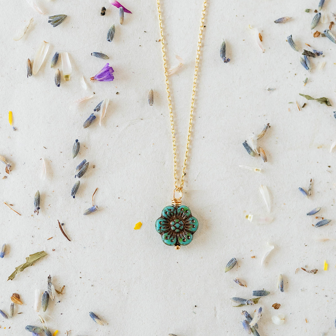Flower Power Chain Necklace Charm + Pendant Necklaces Bella Vita Jewelry Gold Plated Turquoise