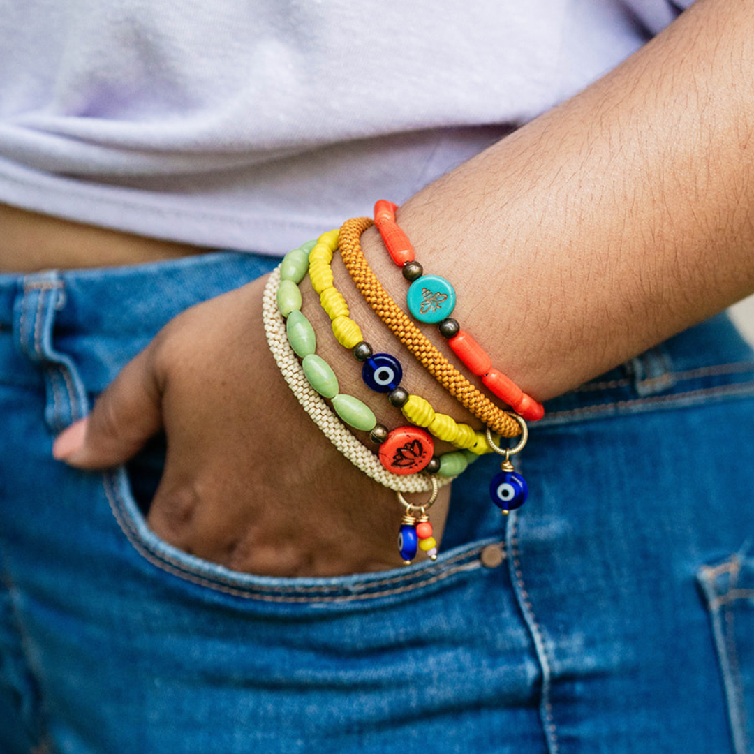 Beaded Bangle + Evil Eye Charm Beaded Bangles Bella Vita Jewelry   