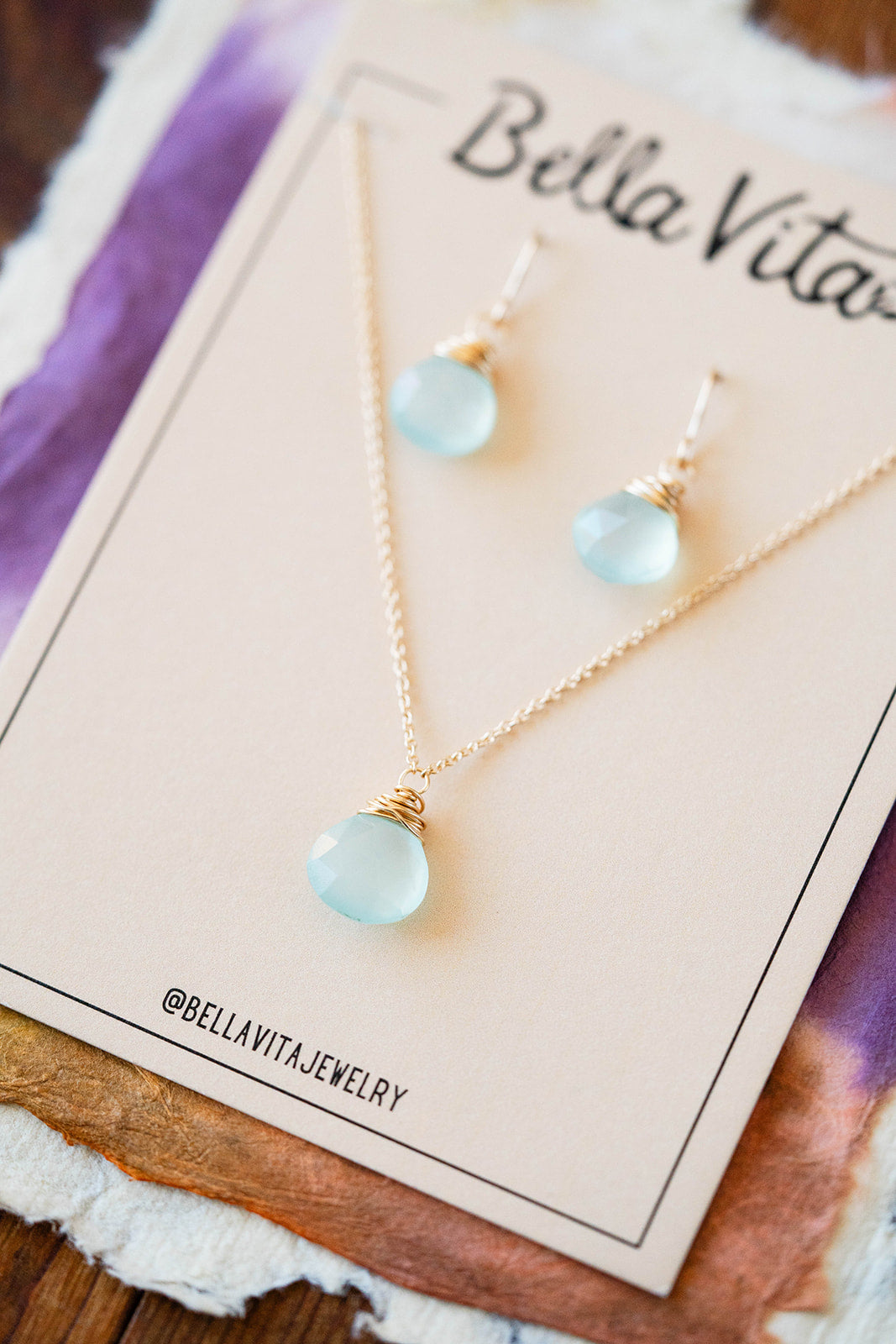 Natural Stone Jewelry Gift Sets Charm + Pendant Necklaces Bella Vita Jewelry Aqua Chalcedony 14k Gold Filled 