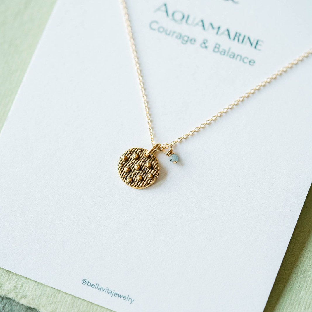 Dainty Birthstone Button Charm Necklace Charm + Pendant Necklaces Bella Vita Jewelry Aquamarine (March) Gold Plated Charm/14K GF Chain 