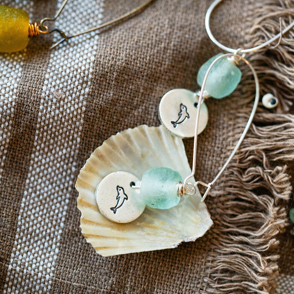 Beach Vibes Handstamped Sea Glass Earrings - Customizable Summer Jewelry Dangle Earrings Bella Vita Jewelry   