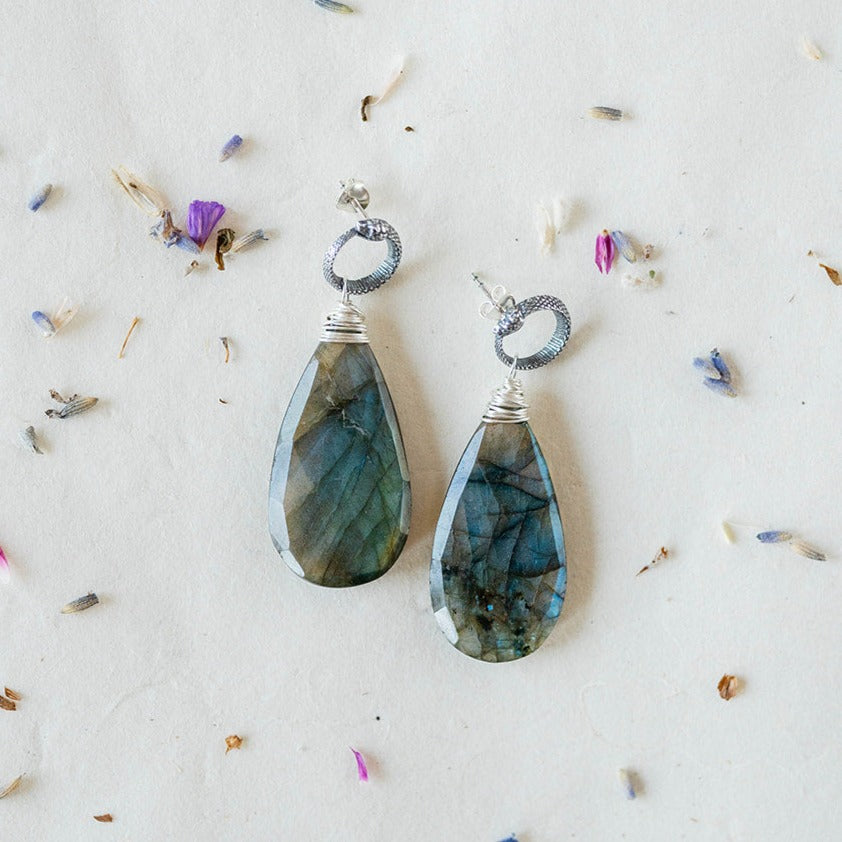 Ouroboros and Labradorite Post Earrings Dangle Earrings Bella Vita Jewelry   