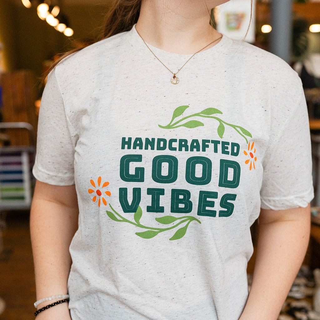 Handcrafted Good Vibes T-Shirt Top Bella Vita Jewelry Small Oatmeal 
