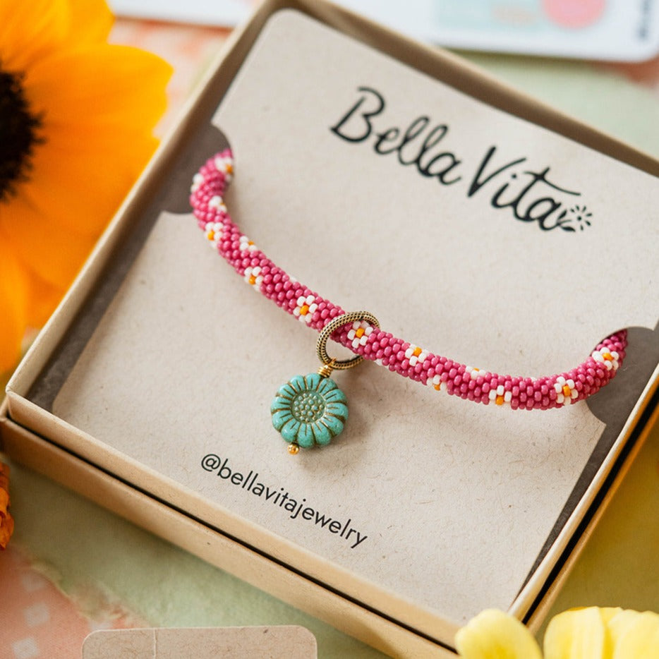 Summer Solstice Jewelry Gift Box: Beaded Bangle & Gemstone Earrings Gift Box Bella Vita Jewelry Pink  