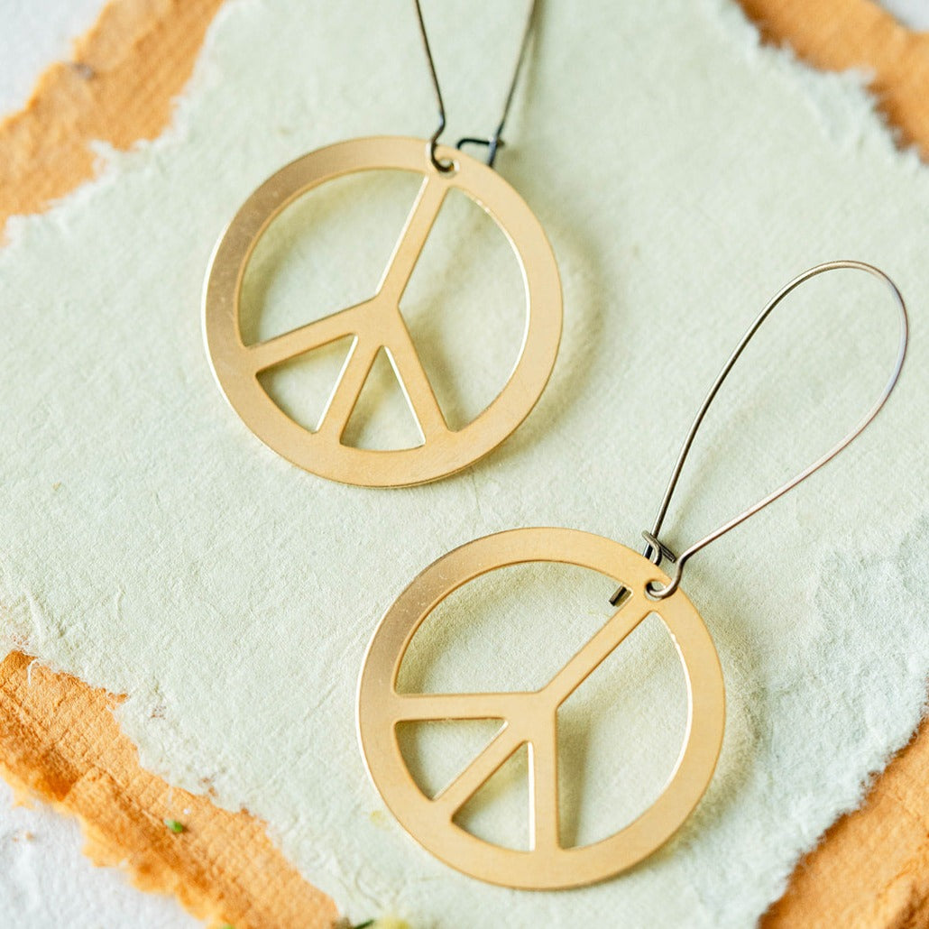 Peace Sign Earrings Dangle Earrings Bella Vita Jewelry Long Gold Plated  