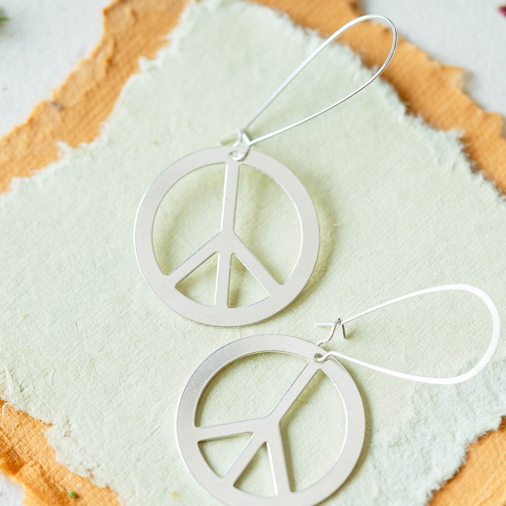 Peace Sign Earrings Dangle Earrings Bella Vita Jewelry Long Silver Plated  