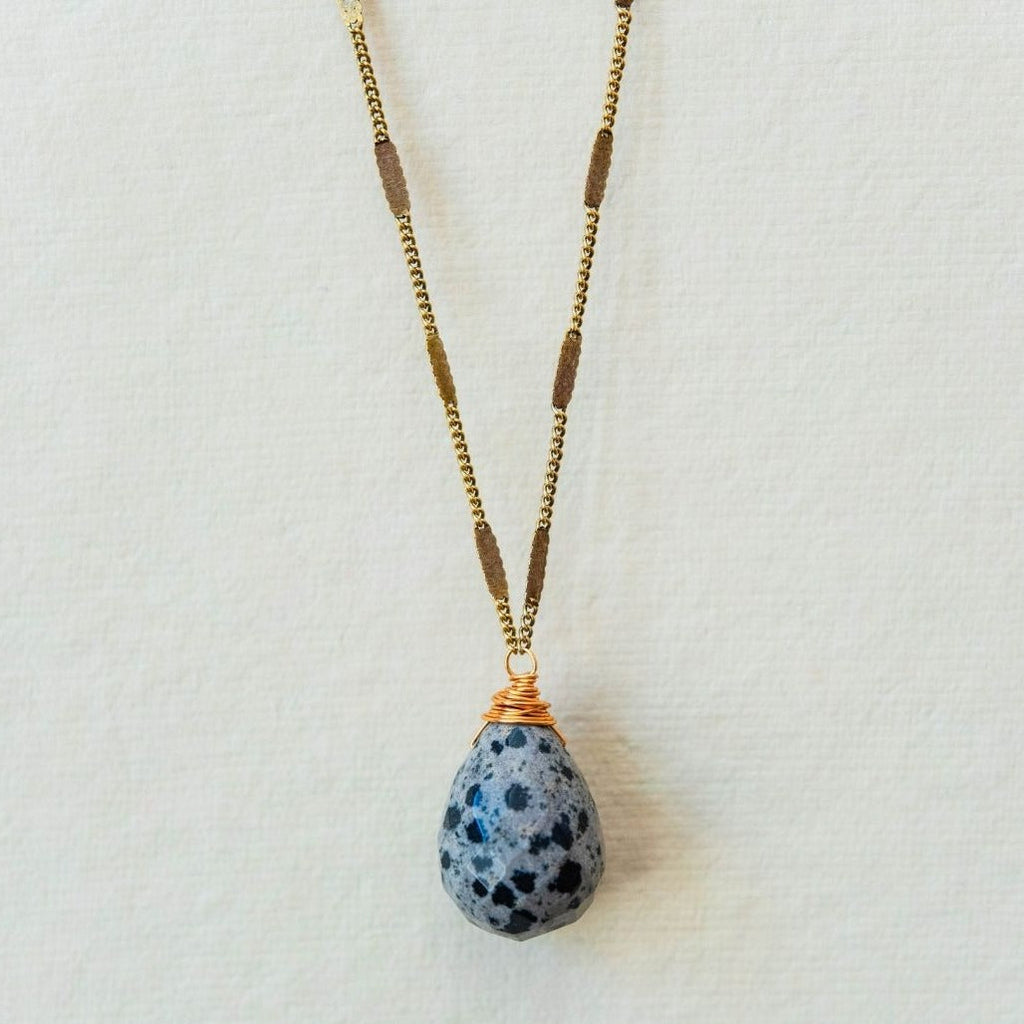 Zara Drop Necklace Necklaces Bella Vita Jewelry Dalmatian Jasper Antique Gold Plated 