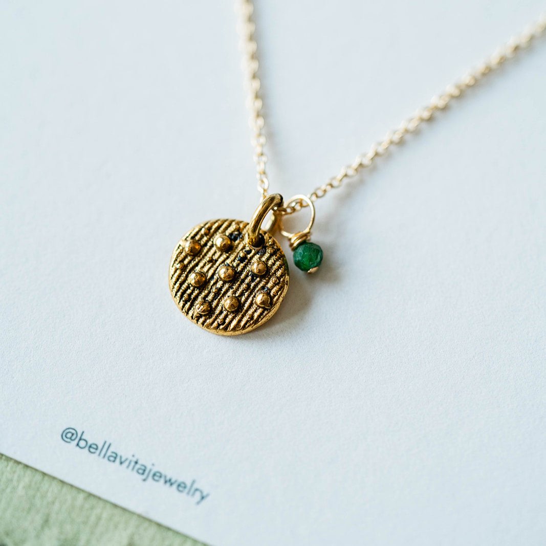 Dainty Birthstone Button Charm Necklace Charm + Pendant Necklaces Bella Vita Jewelry Emerald (May) Gold Plated Charm/14K GF Chain 