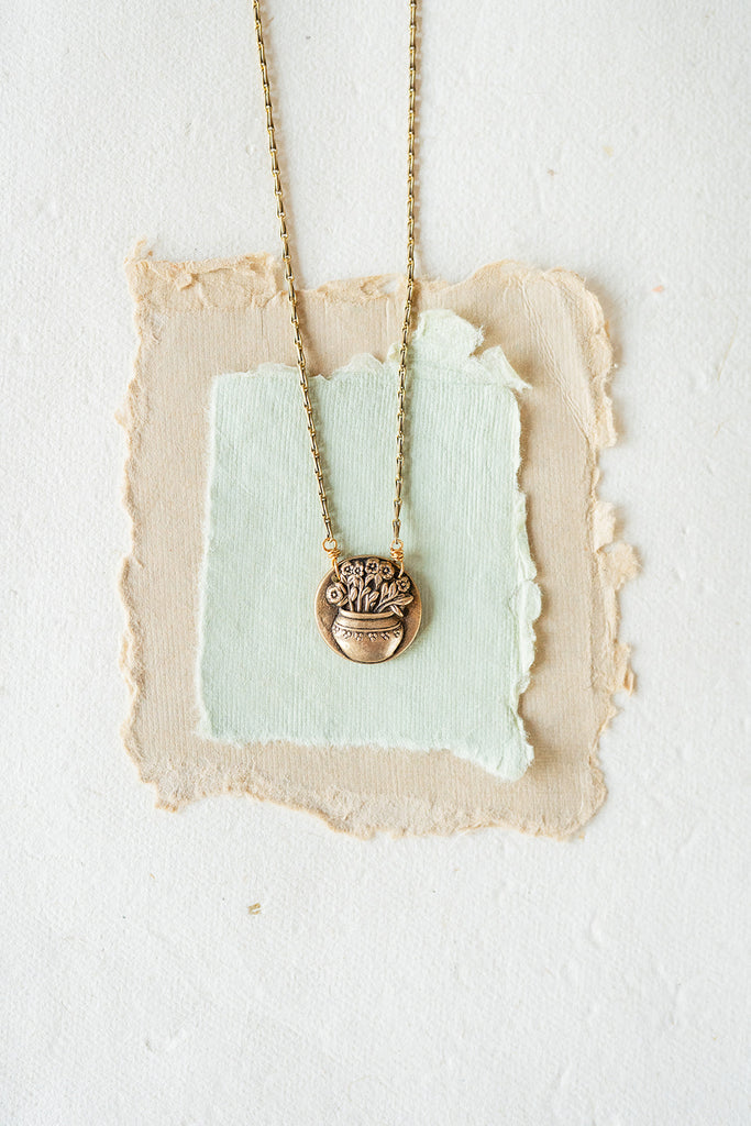 Flower Pot Heirloom Button Necklace Charm + Pendant Necklaces Bella Vita Jewelry   