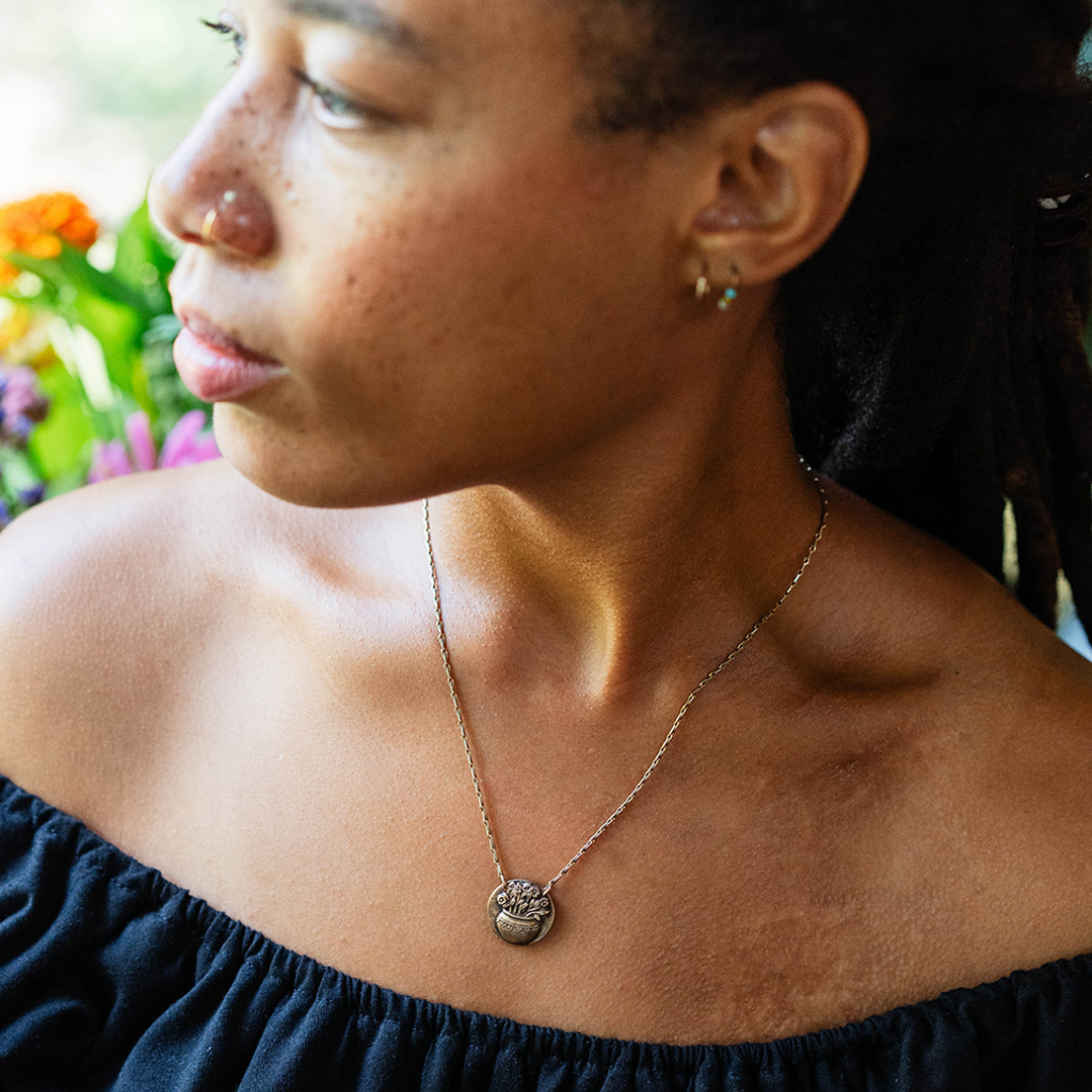 Flower Pot Heirloom Button Necklace Charm + Pendant Necklaces Bella Vita Jewelry   