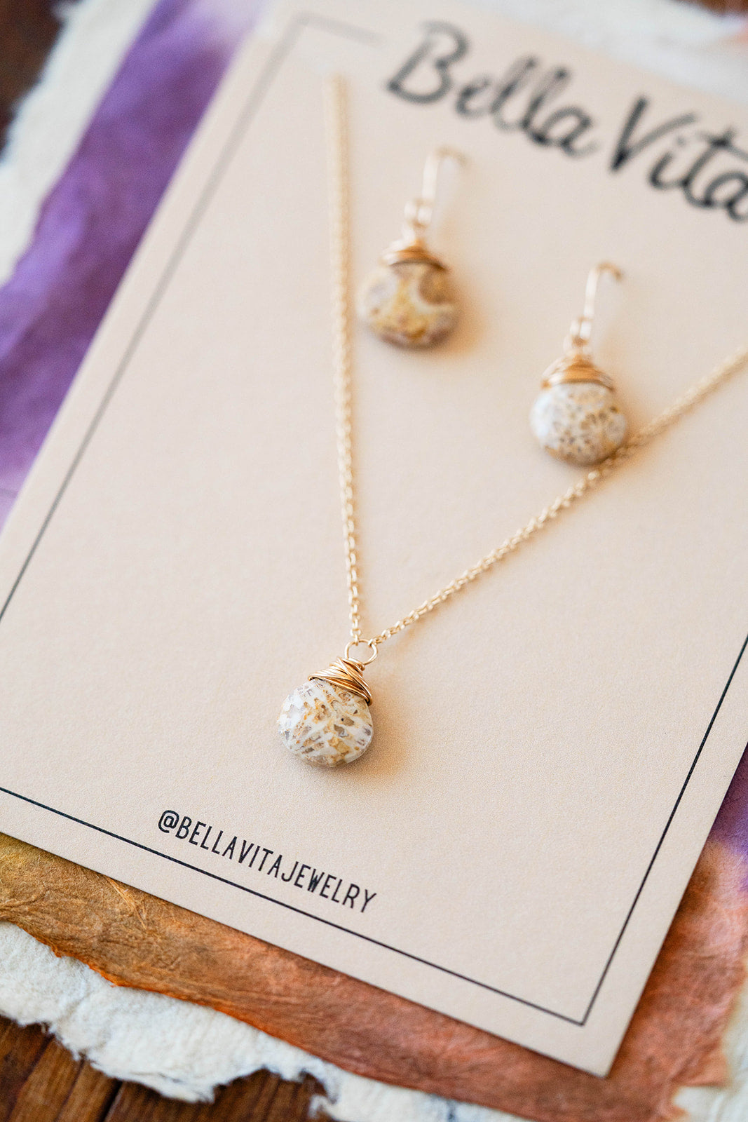 Natural Stone Jewelry Gift Sets Charm + Pendant Necklaces Bella Vita Jewelry Fossil Coral 14k Gold Filled 