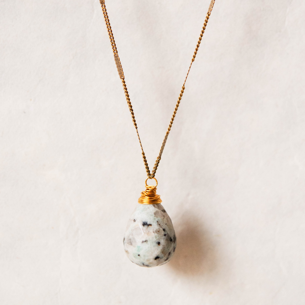 Zara Drop Necklace – The Perfect Gift of Timeless Elegance and Artisan Craftsmanship Necklaces Bella Vita Jewelry Kiwi Jasper Antique Gold Plated