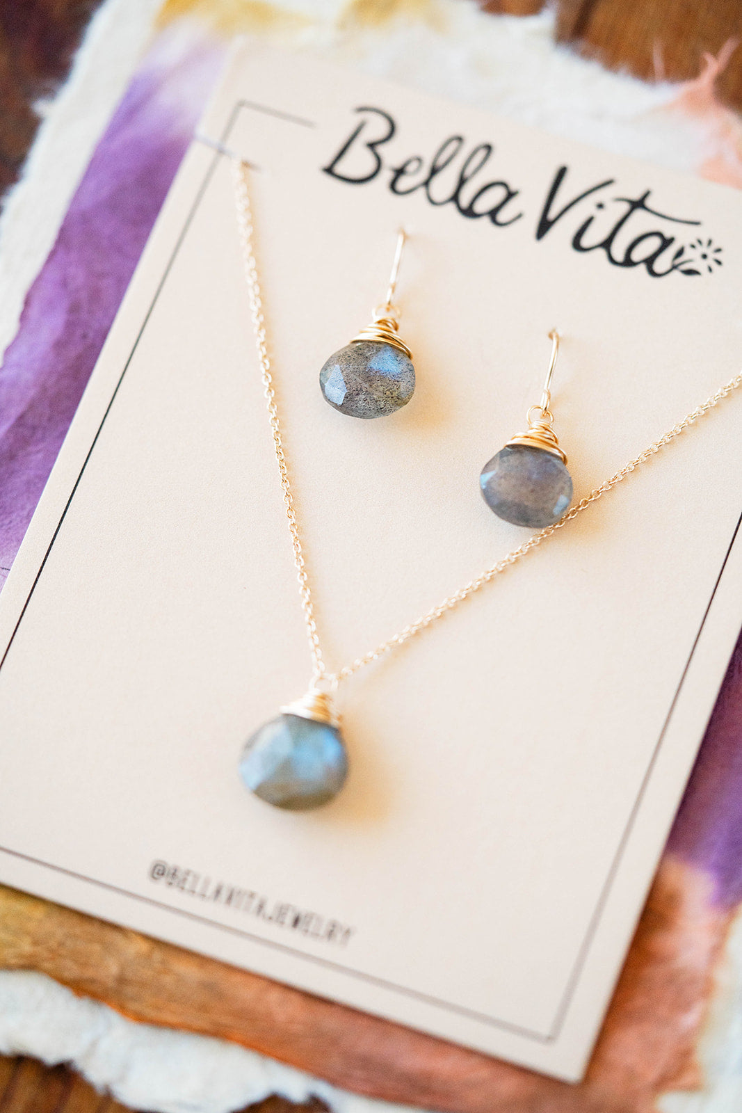 Natural Stone Jewelry Gift Sets Charm + Pendant Necklaces Bella Vita Jewelry Labradorite 14k Gold Filled 