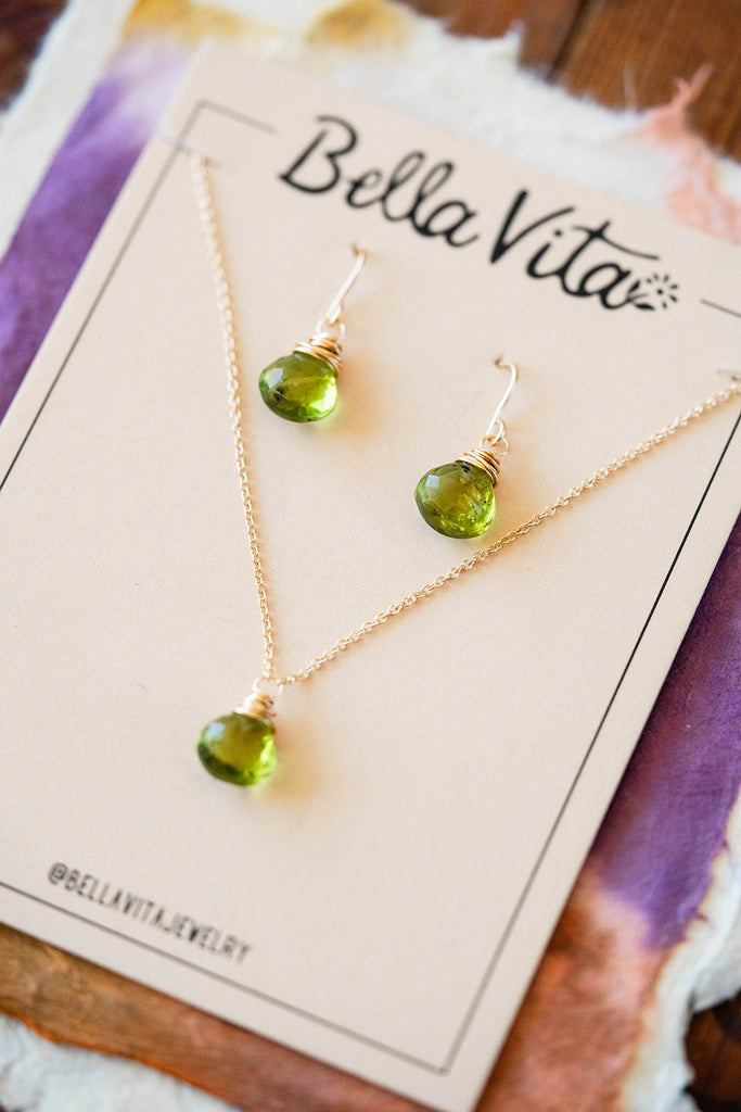 Natural Stone Jewelry Gift Sets Charm + Pendant Necklaces Bella Vita Jewelry Peridot 14k Gold Filled 