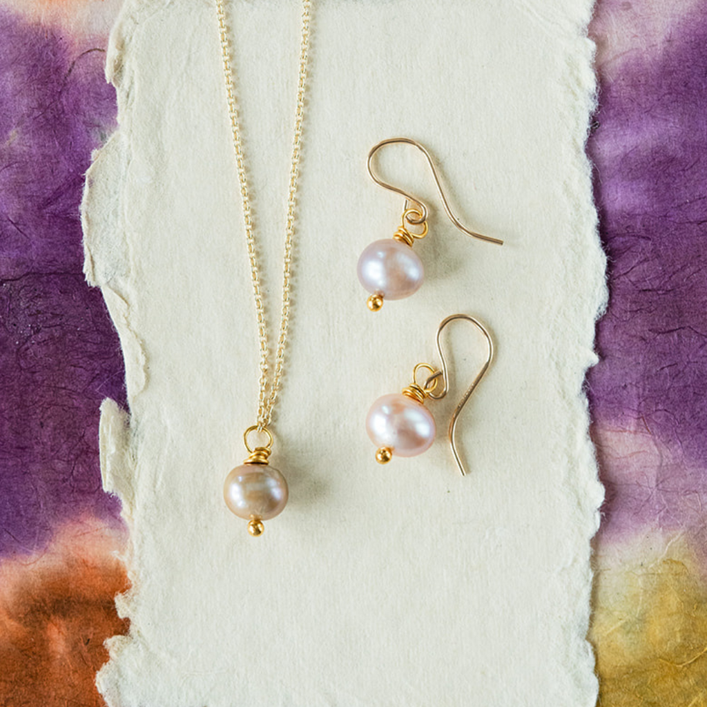 Pearl Necklace & Earring Gift Sets Charm + Pendant Necklaces Bella Vita Jewelry Gold Filled Set Pink Pearl 