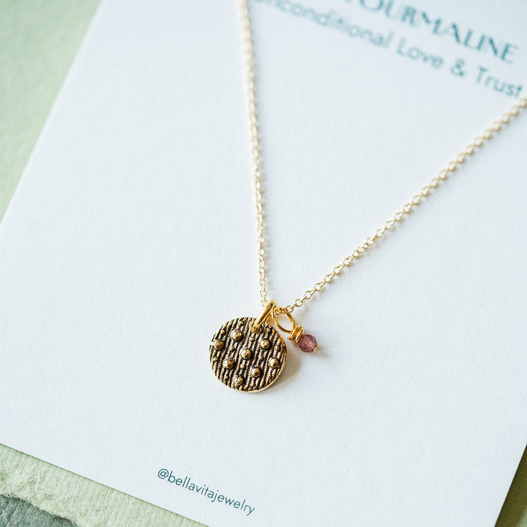 Dainty Birthstone Button Charm Necklace Charm + Pendant Necklaces Bella Vita Jewelry Pink Tourmaline (October) Gold Plated Charm/14K GF Chain 