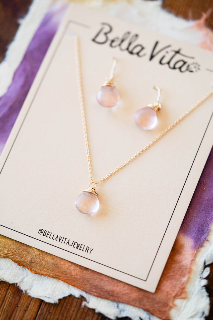 Natural Stone Jewelry Gift Sets Charm + Pendant Necklaces Bella Vita Jewelry Rose Quartz 14k Gold Filled 