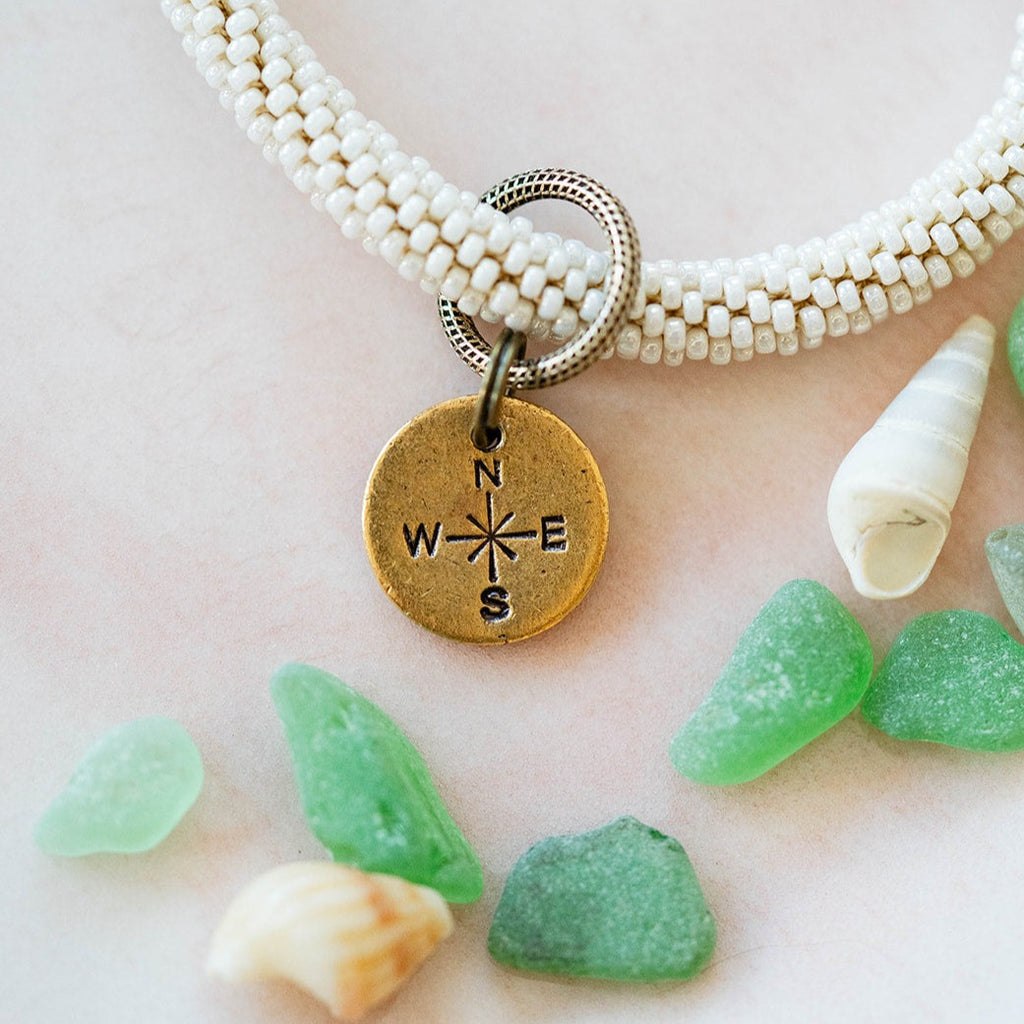 Beach Vibes Handstamped Charm Bracelet - Customizable Summer Jewelry Beaded Bangles Bella Vita Jewelry Gold Plated Compass 