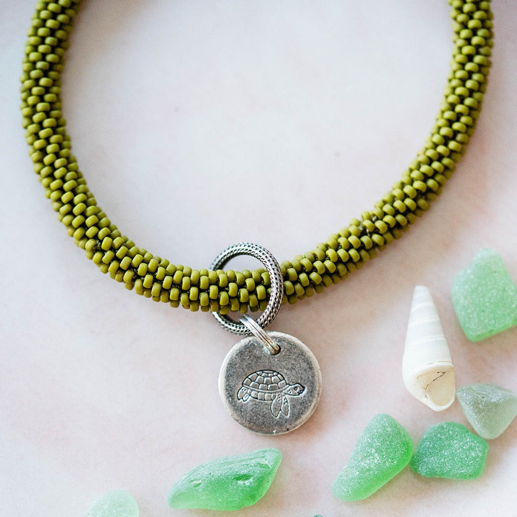 Beach Vibes Handstamped Charm Bracelet - Customizable Summer Jewelry Beaded Bangles Bella Vita Jewelry Pewter Turtle 