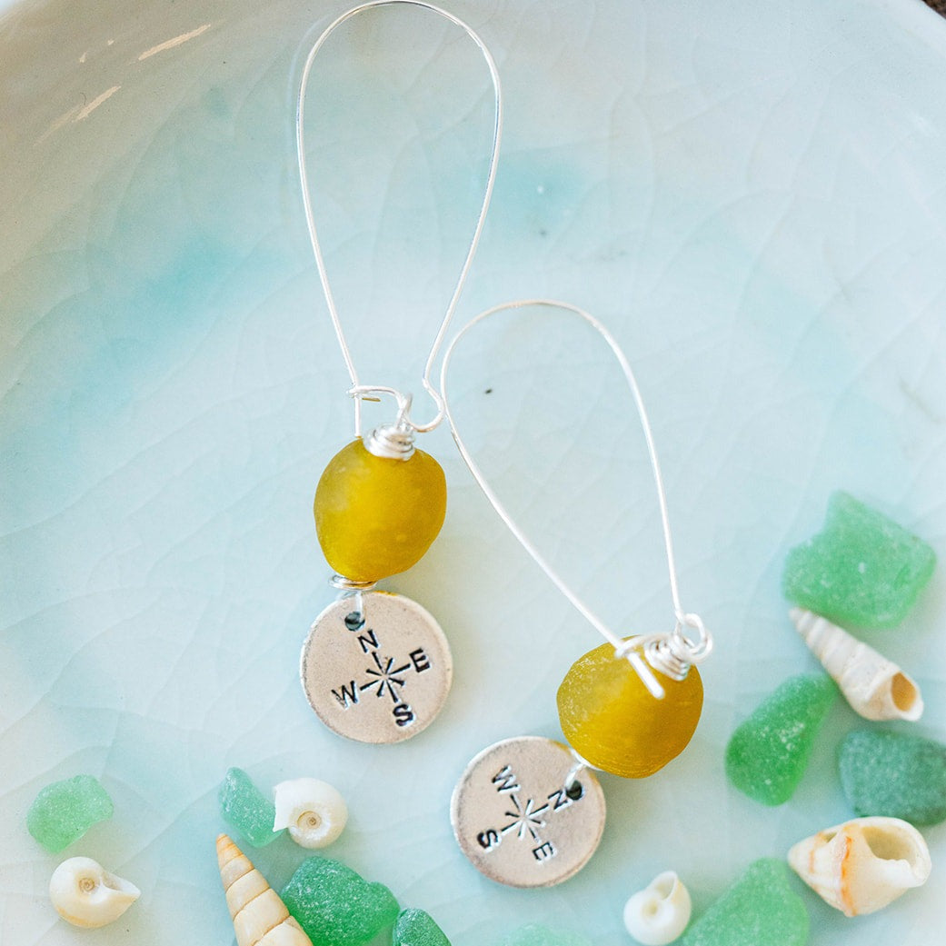 Beach Vibes Handstamped Sea Glass Earrings - Customizable Summer Jewelry Dangle Earrings Bella Vita Jewelry Antique Pewter Compass 