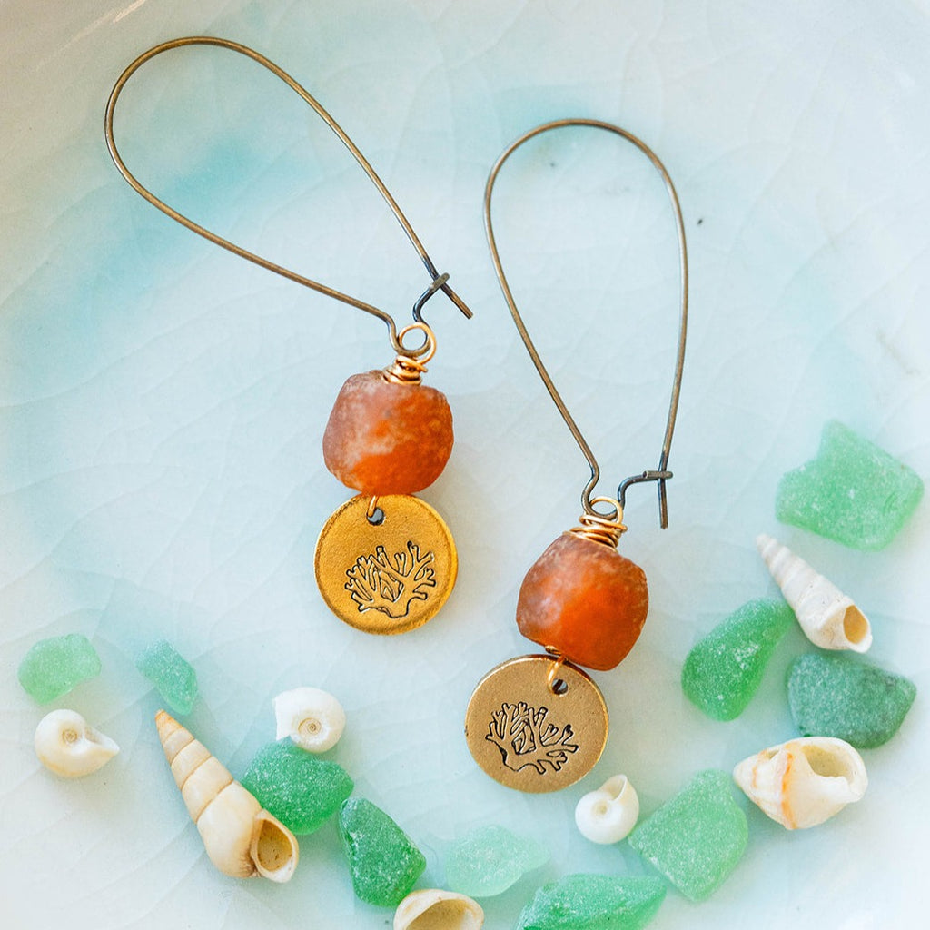 Beach Vibes Handstamped Sea Glass Earrings - Customizable Summer Jewelry Dangle Earrings Bella Vita Jewelry Gold Plated Coral 