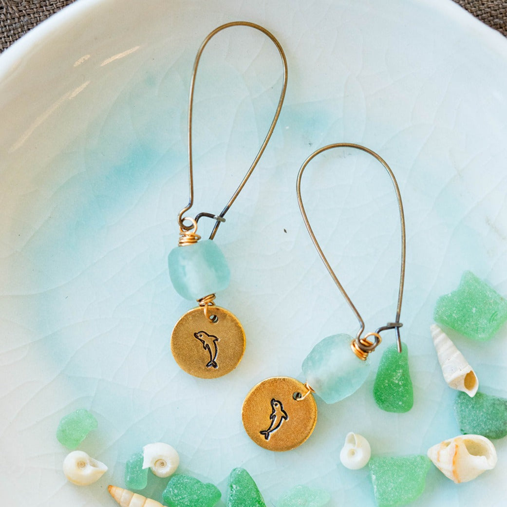 Beach Vibes Handstamped Sea Glass Earrings - Customizable Summer Jewelry Dangle Earrings Bella Vita Jewelry Gold Plated Dolphin 