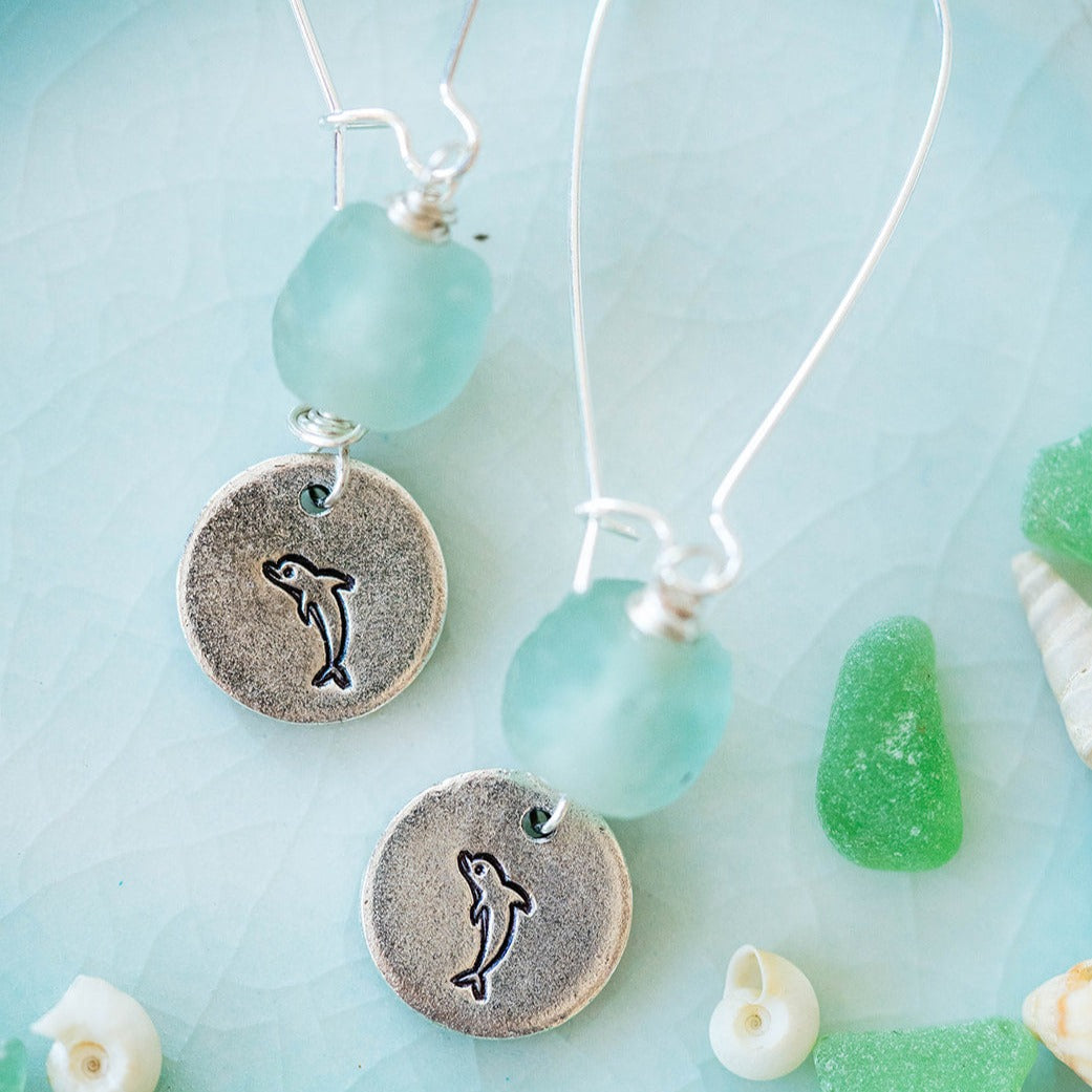 Beach Vibes Handstamped Sea Glass Earrings - Customizable Summer Jewelry Dangle Earrings Bella Vita Jewelry Antique Pewter Dolphin 