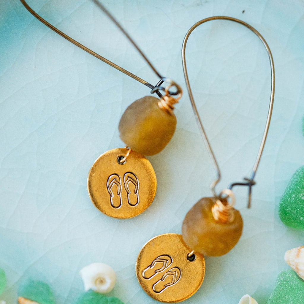 Beach Vibes Handstamped Sea Glass Earrings - Customizable Summer Jewelry Dangle Earrings Bella Vita Jewelry Gold Plated Flip Flops 