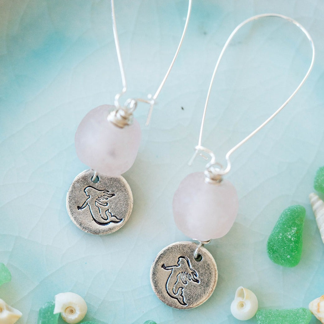 Beach Vibes Handstamped Sea Glass Earrings - Customizable Summer Jewelry Dangle Earrings Bella Vita Jewelry Antique Pewter Mermaid 