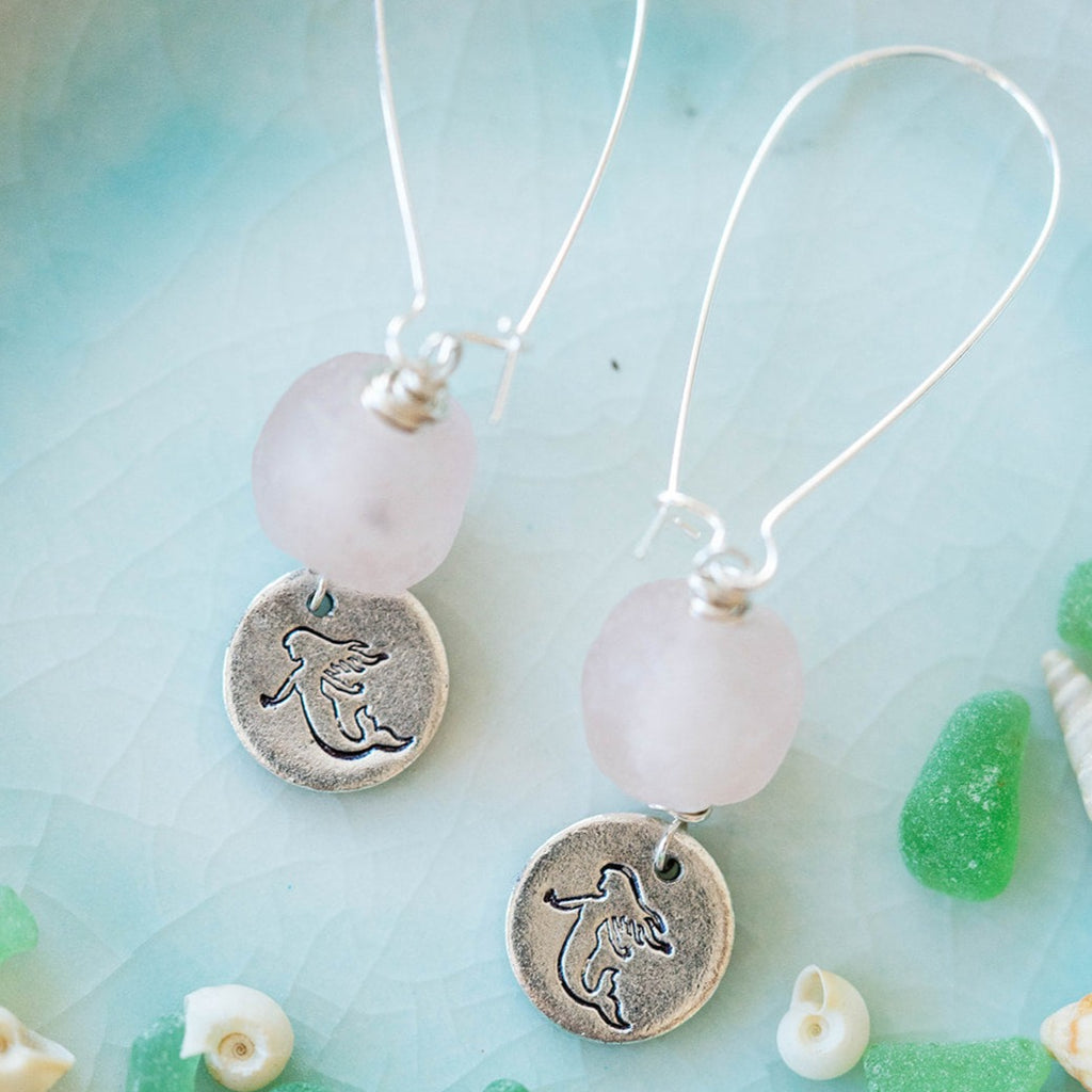 Beach Vibes Handstamped Sea Glass Earrings - Customizable Summer Jewelry Dangle Earrings Bella Vita Jewelry Antique Pewter Mermaid 