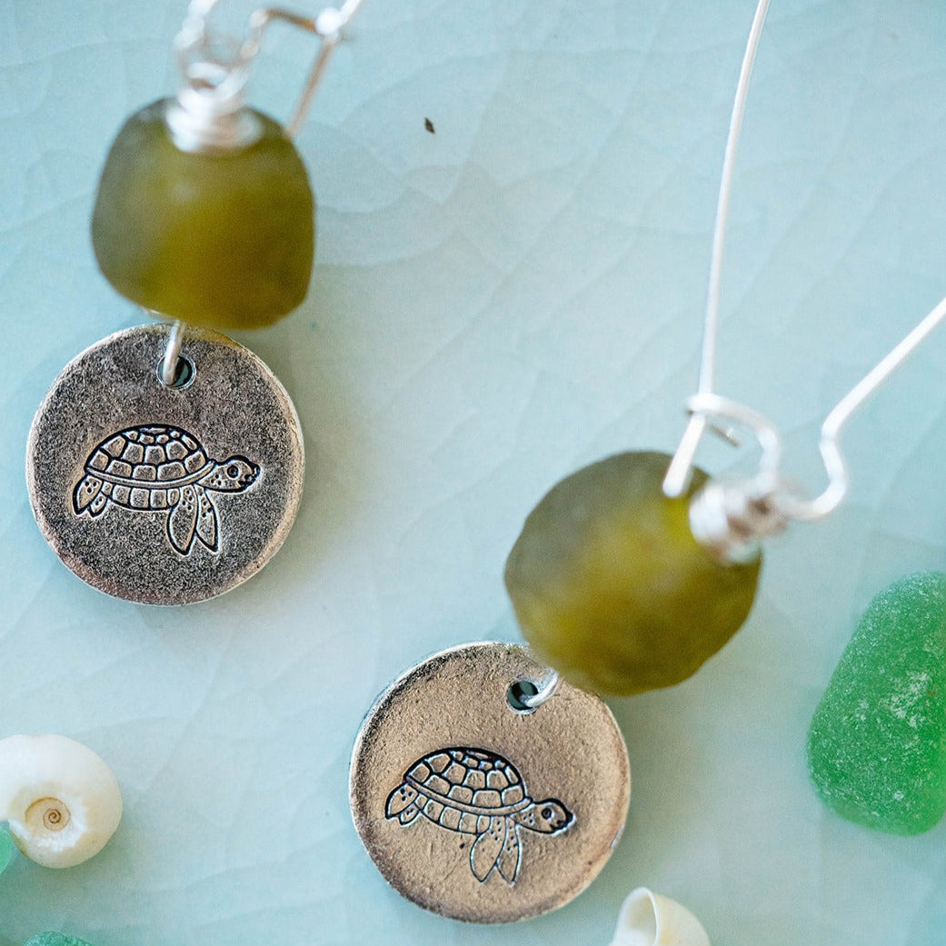 Beach Vibes Handstamped Sea Glass Earrings - Customizable Summer Jewelry Dangle Earrings Bella Vita Jewelry Antique Pewter Turtle 