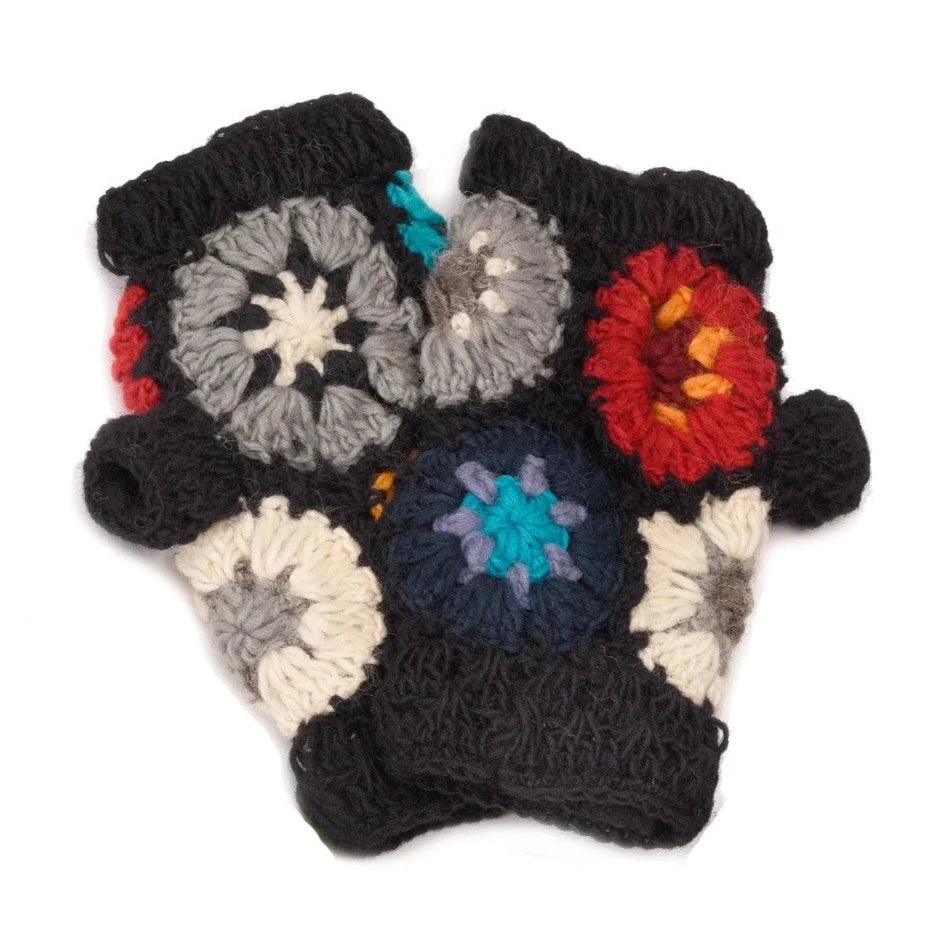 Crochet Flower Fingerless Gloves  Zig Zag Black  