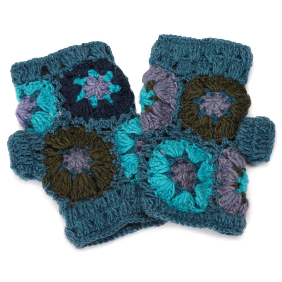 Crochet Flower Fingerless Gloves  Zig Zag Petrol  