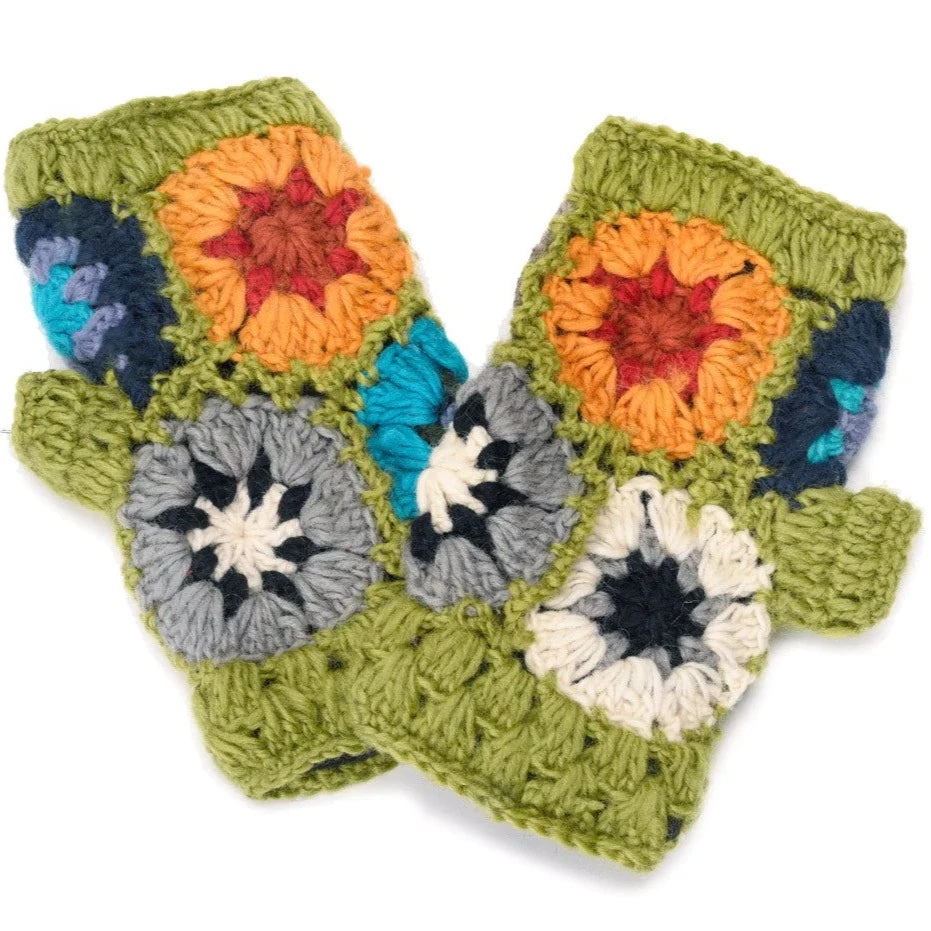 Crochet Flower Fingerless Gloves  Zig Zag Lime  