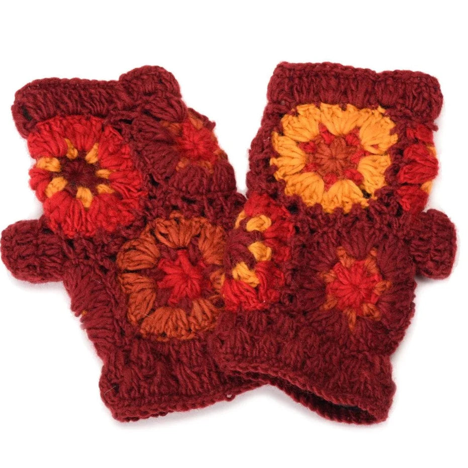 Crochet Flower Fingerless Gloves  Zig Zag Maroon  