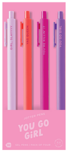 Set of four pens in different colors with motivational text on a pink background