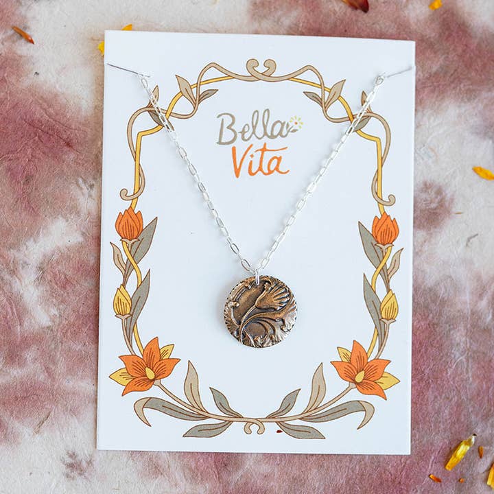 The Art Nouveau Single Flower Necklace beautifully presented on a Bella Vita card, highlighting its vintage-inspired charm.