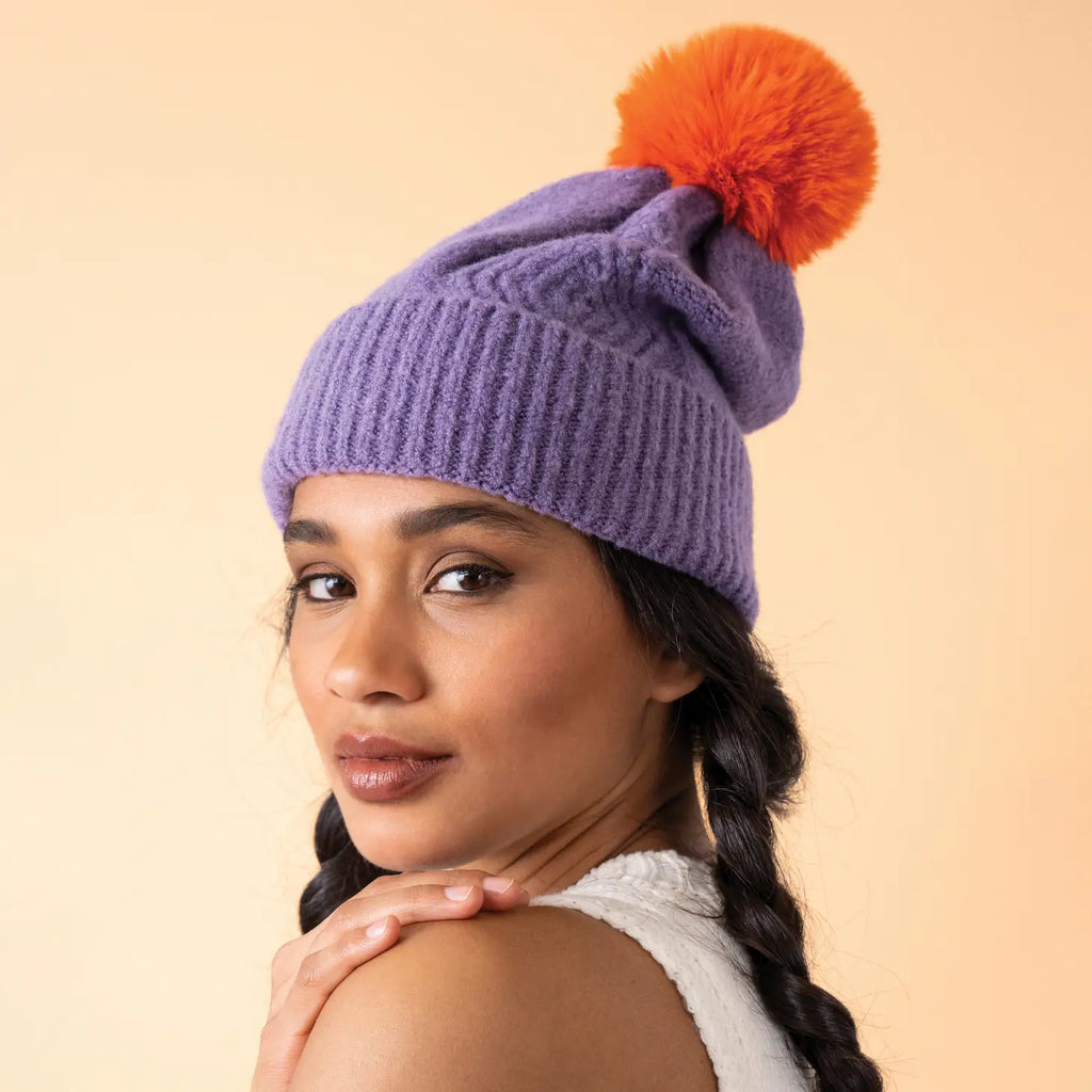 Knitted Pompom Hat  Powder Design inc Lavender/Tangerine  