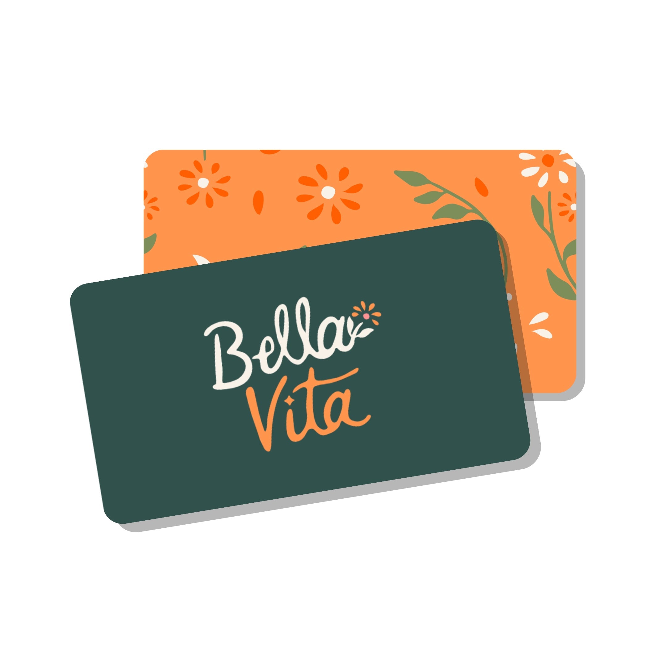 Bella Vita gift cards featuring a stylish green and orange floral design, perfect for gifting meaningful jewelry and custom creations.