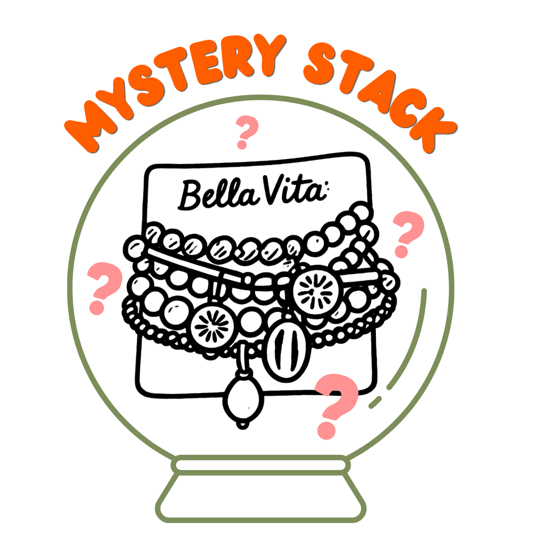 Illustration of a snow globe with Bella Vita jewelry and 'Mystery Stack' text on a white background