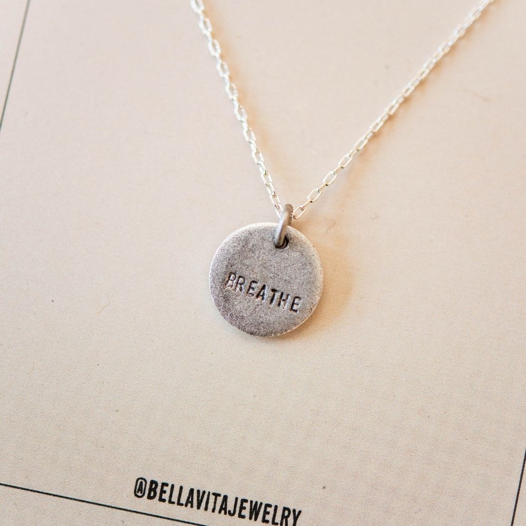 Custom Hand Stamped Charm Necklace – Personalized and Mantra Options Bella Vita Jewelry Antique Pewter Charm on Silver Plated Chain 1/2" Round Be Kind