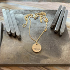 Custom Hand Stamped Charm Necklace – Personalized and Mantra Options Bella Vita Jewelry Gold Plated Charm on Gold Plated Chain 1/2" Round Be Kind