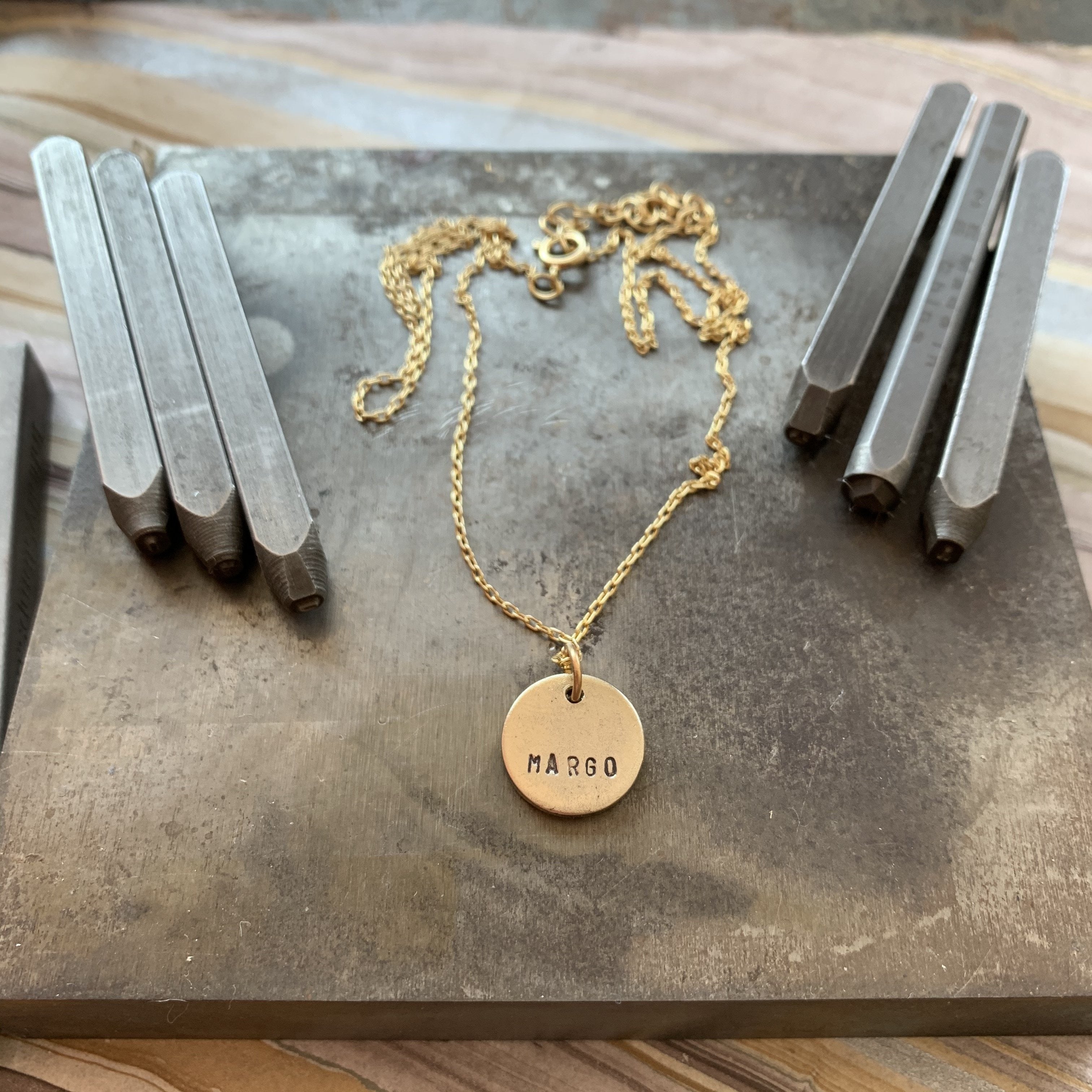 Custom Hand Stamped Charm Necklace – Personalized and Mantra Options Bella Vita Jewelry Gold Plated Charm on Gold Plated Chain 1/2" Round Be Kind