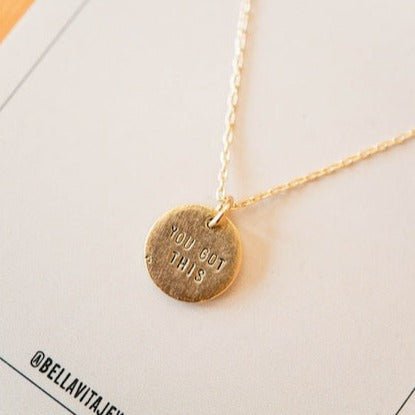 Custom Hand Stamped Charm Necklace – Personalized and Mantra Options Bella Vita Jewelry 14K Gold Filled Charm on 14K Gold Filled Charm Chain 1/2" Round Be Kind