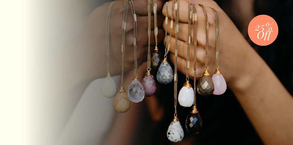 Bella Vita Jewelry handcrafted gemstone necklaces, featuring a 25% off promotion