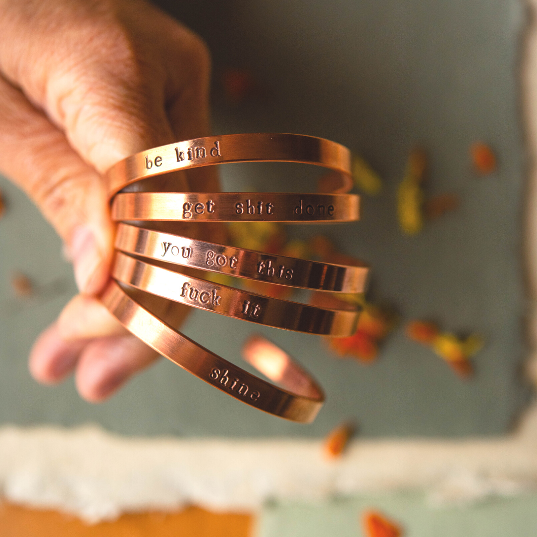 Cosmos Collection Mantra Cuffs – Inspirational Hand-Stamped Bracelets Cuffs Bella Vita Jewelry Be The Magic Copper Uppercase