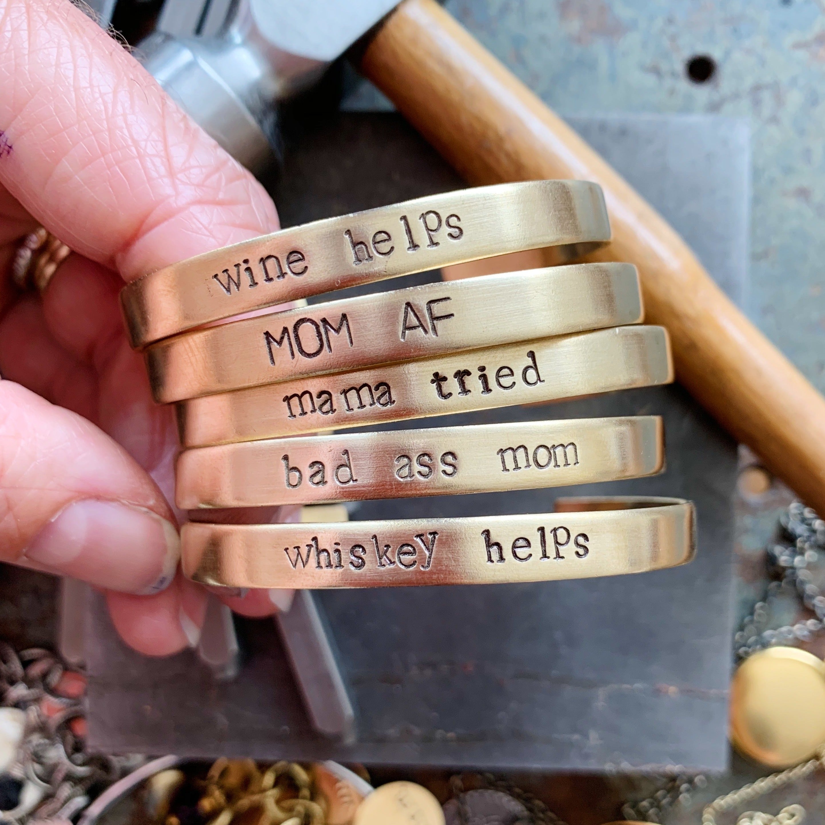 Hand-Stamped Mom Cuff Bracelets – Perfect Gift for Moms and Pet Moms Cuffs Bella Vita Jewelry Brass Mama Tried Font A (small block)