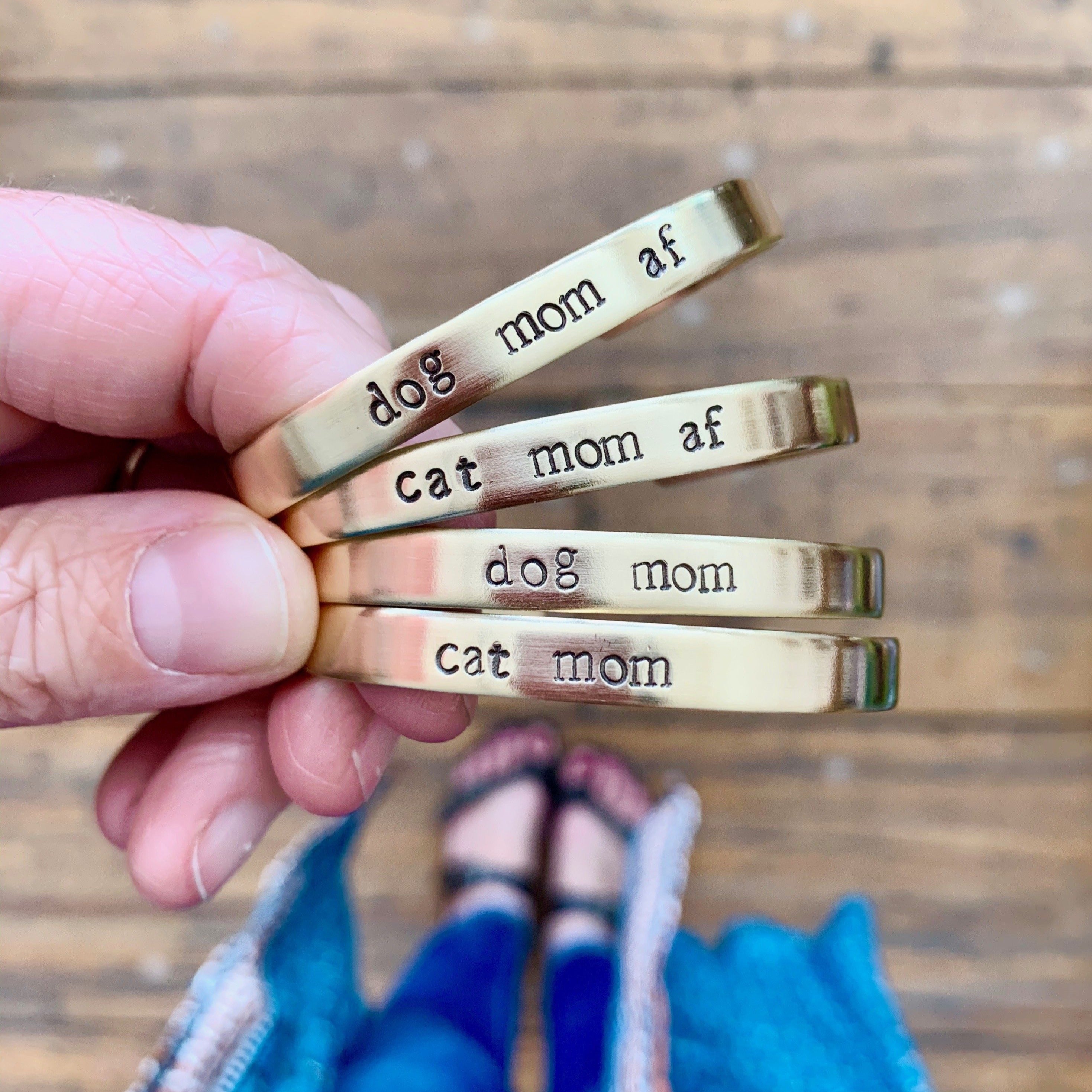 Hand-Stamped Mom Cuff Bracelets – Perfect Gift for Moms and Pet Moms Cuffs Bella Vita Jewelry Brass Dog Mom Font A (small block)