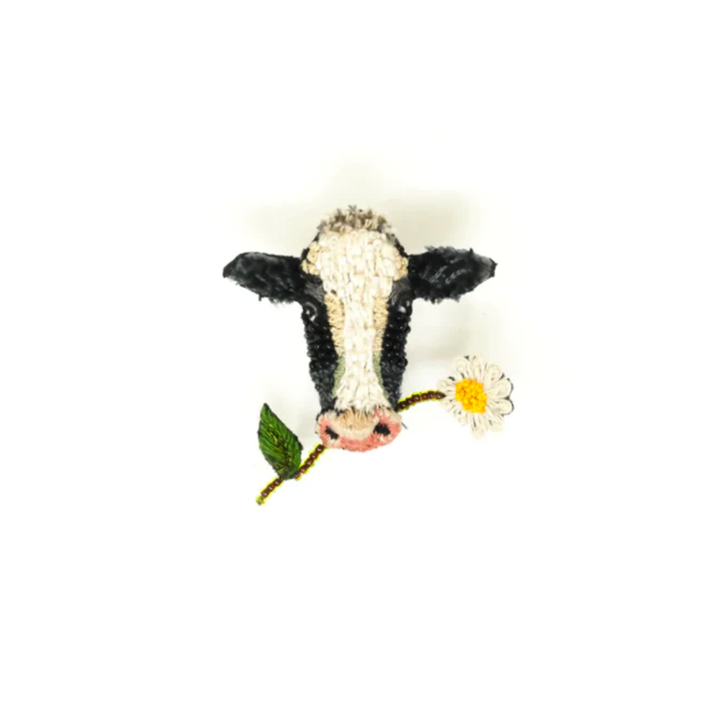 Hand Embroidered Brooch Brooches + Pins Trovelore Happy Cow (size: 1.75" W x 1.75" T)  