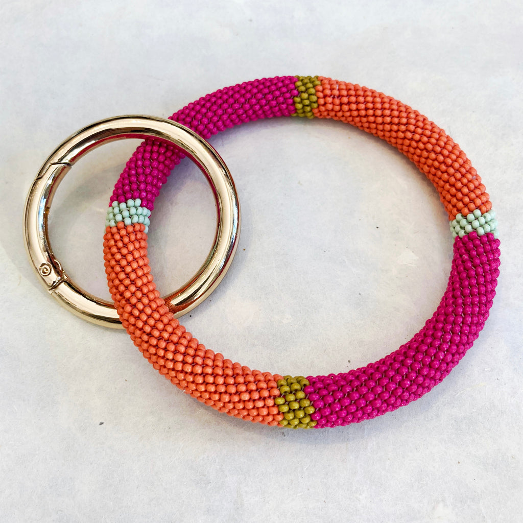 Beaded Key Ring w/ Gold Clip Key Chains Ink + Alloy Color Block - Hot Pink/Orange  